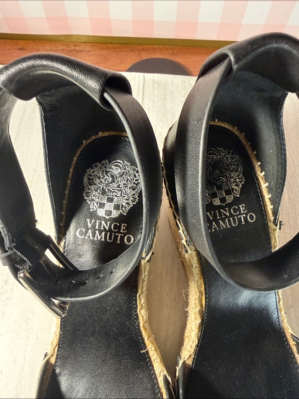 Vince Camuto Black Leather Espadrille Wedge Sandal with Ankle Strap - Picture 13 of 15